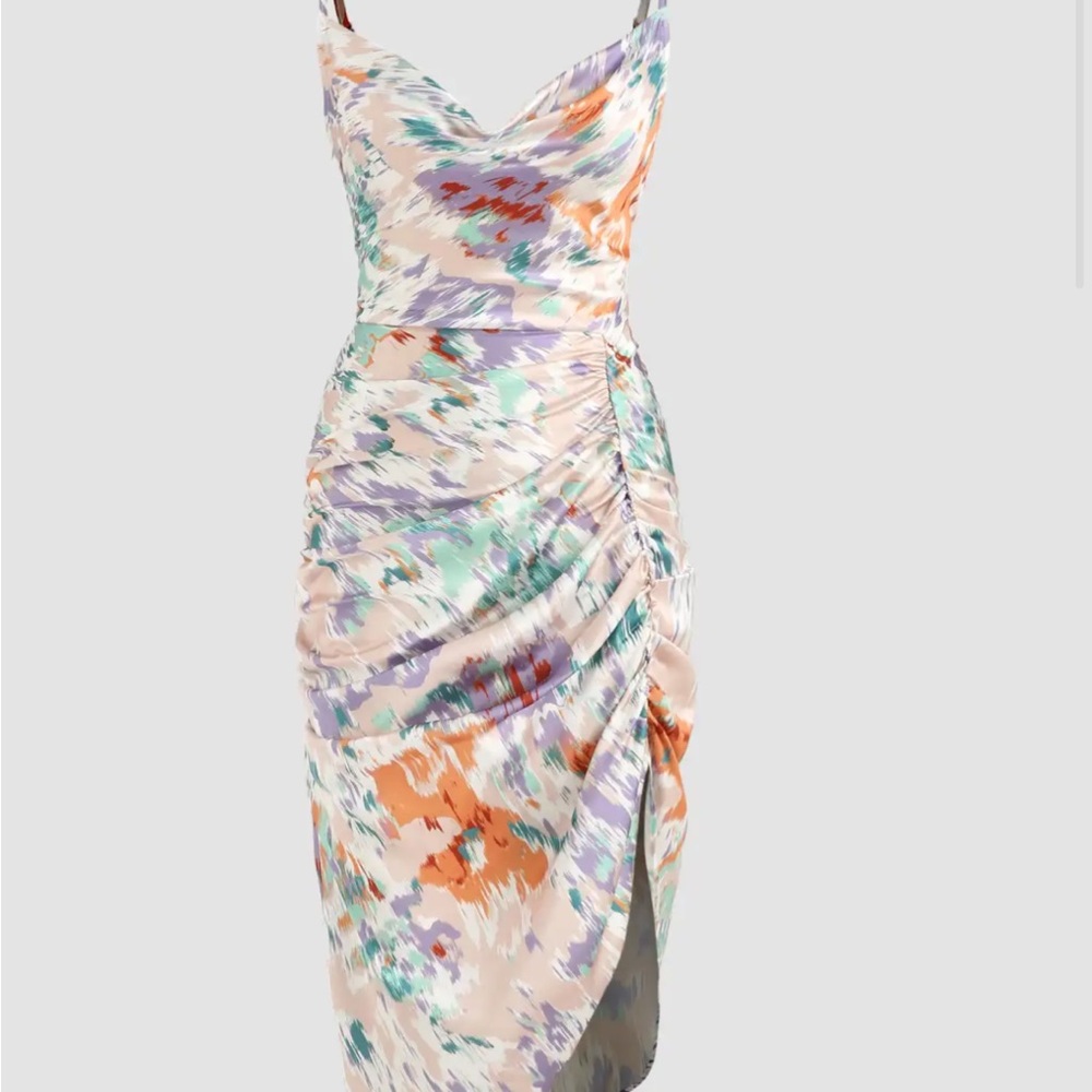 Cider Abstract Print Ruched Slip Dress Size Large Peach Multi